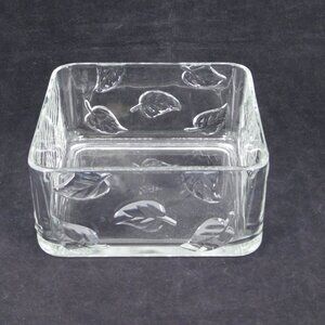 Partylite Arbor Breeze 7" Square Clear Glass Float Bowl Embossed Leaf Motif Fall